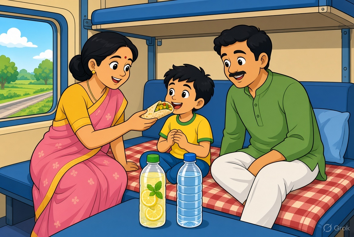 Cartoon Indian family sharing homemade food and sealed water on a train berth