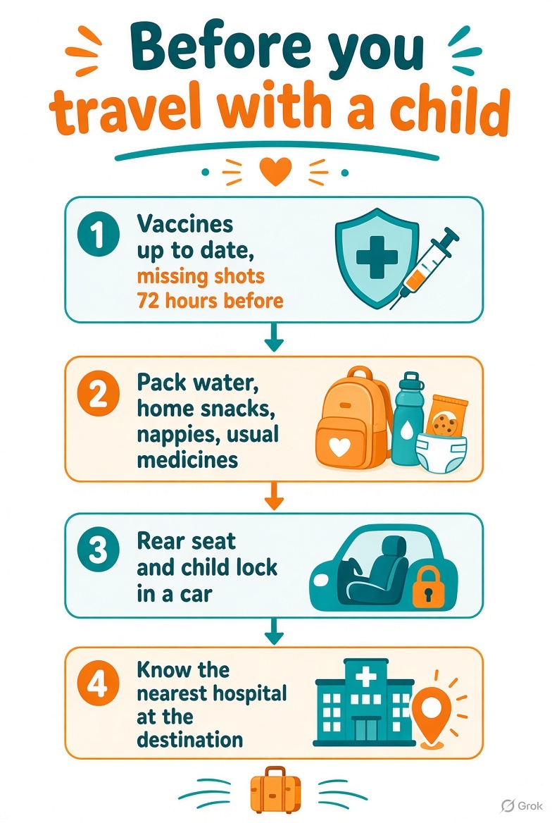 Cartoon flowchart of four things to do before travelling with a child