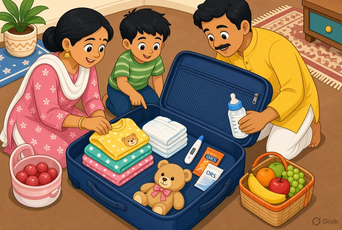 Cartoon Indian family packing nappies, clothes, ORS and a soft toy for a child