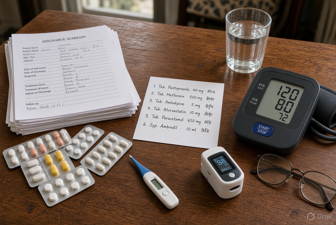 Discharge papers, medicines, and BP machine kept ready for a doctor at home in Kolkata