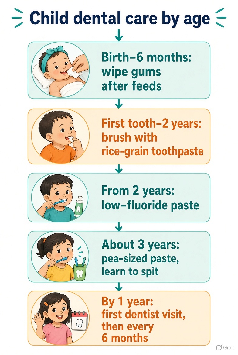 Flowchart of child dental care by age from wiping gums to six-monthly dentist visits