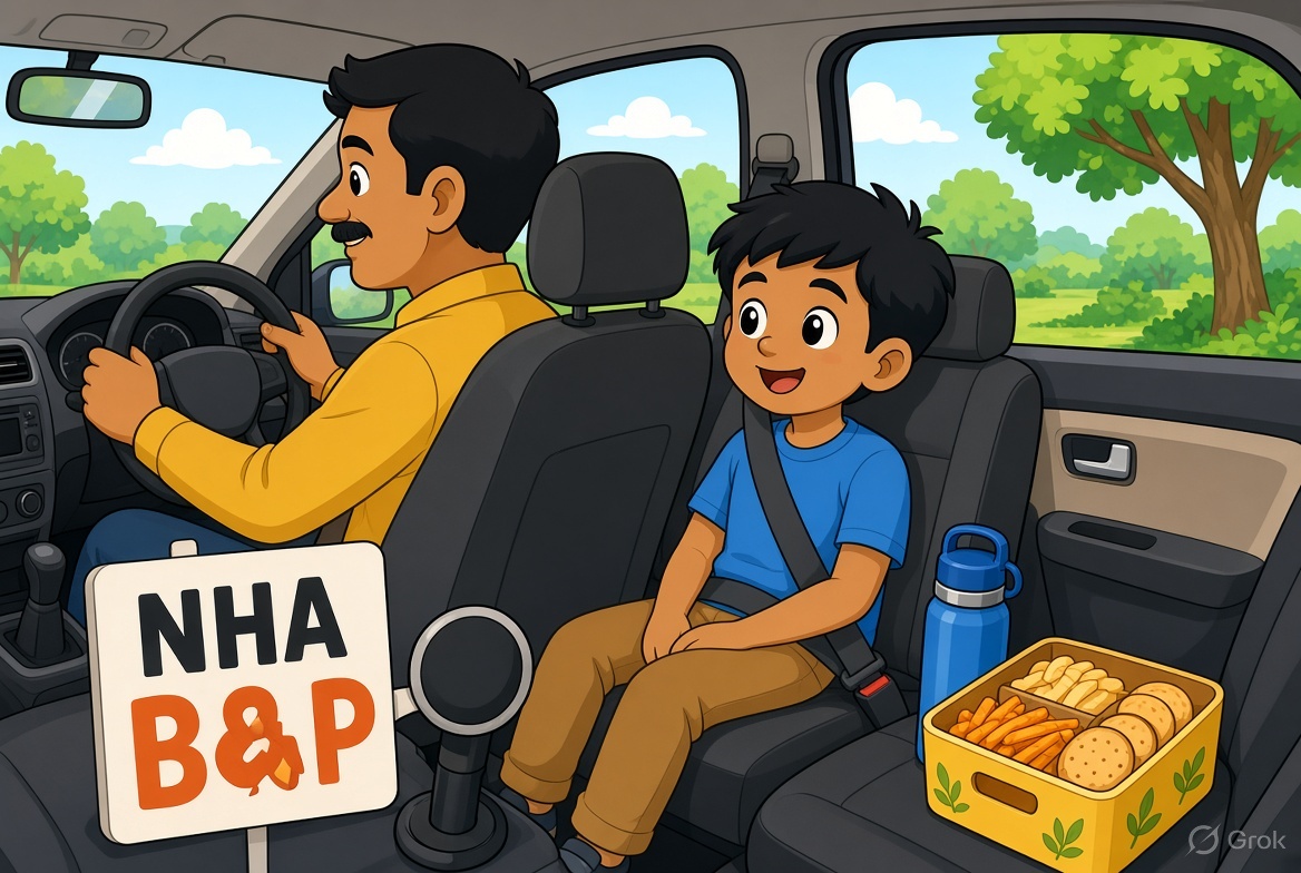Cartoon child belted in the rear seat of a family car with water and snacks