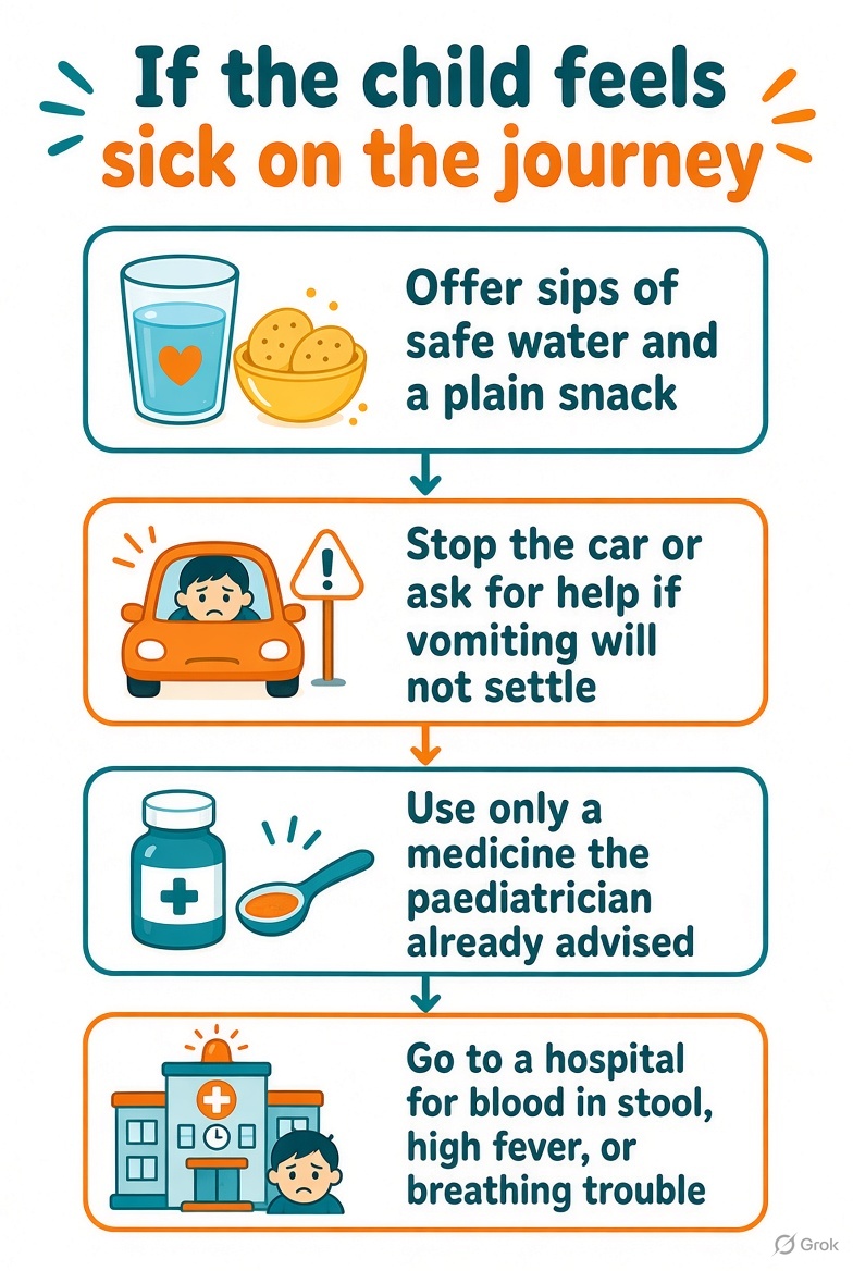 Cartoon flowchart of what to do if a child feels sick while travelling